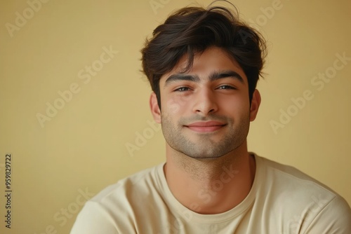 A studio close-up portrait of a young Indian or Pakistani man wearing a casual t-shirt, with a colourful background.