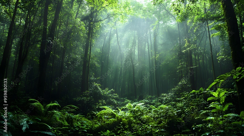 Lush sunlit rainforest canopy with dense green foliage and ferns Lush sunlit rainforest canopy with dense green foliage and ferns