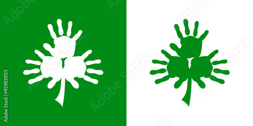 Día de San Patricio. Logo con manos de persona con forma de trébol de 3 hojas