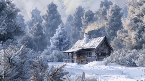 Wooden lodge among frost-kissed pines with smoke from the chimney, representing a cozy winter retreat.