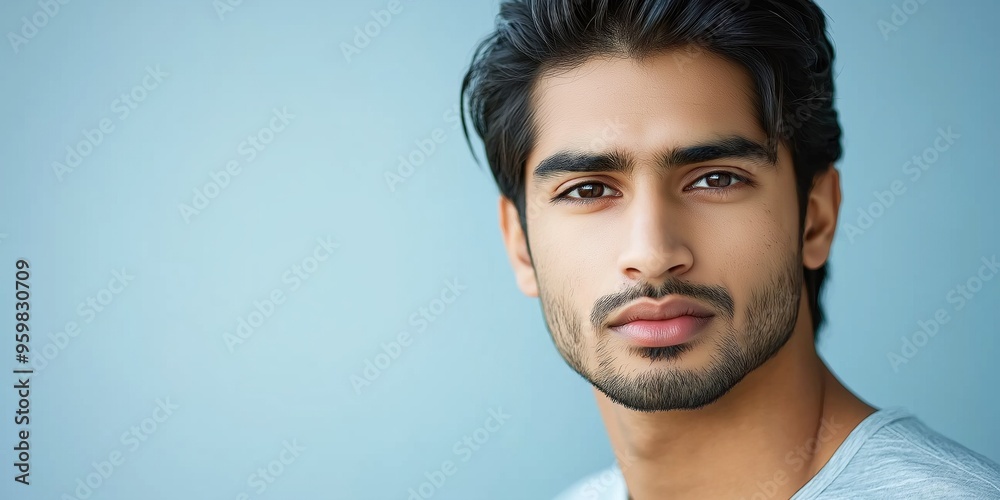 A studio close-up portrait of a young Indian or Pakistani man wearing a casual t-shirt, with a colourful background. A studio close-up portrait of a young Indian or Pakistani man wearing a casual t-shirt, with a colourful background.