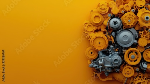 A heavily interlocked assembly of various orange gears and cogs complexly arrayed against an orange background representing machinery and engineering. photo