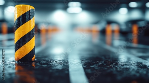 A close-up of a yellow and black striped bollard prominent in a wet parking lot, emphasizing safety, caution, and urban infrastructure. photo