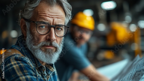 The Veteran Engineer's Focus: A portrait of a seasoned engineer in a bustling workshop, his weathered face reflecting years of expertise and unwavering dedication to his craft.