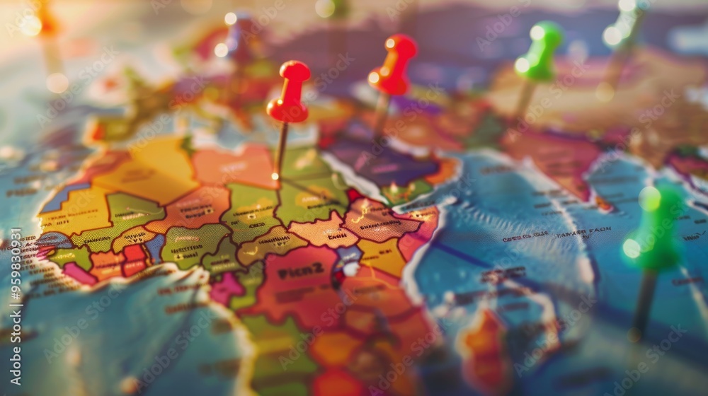 A vibrant world map adorned with multiple pushpins, highlighting various international travel spots in warm light. A vibrant world map adorned with multiple pushpins, highlighting various international travel spots in warm light.