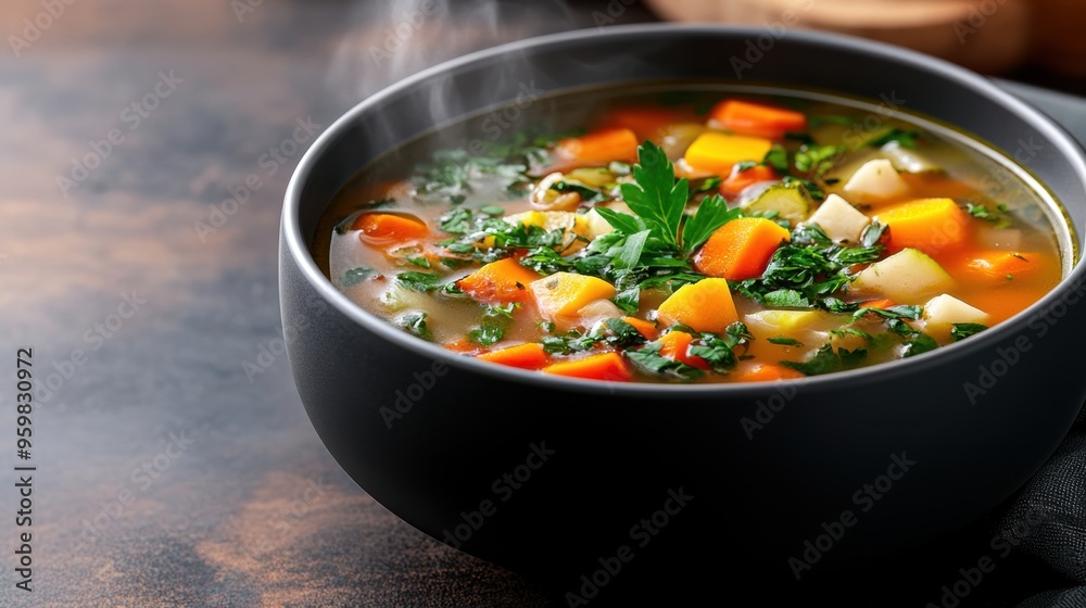 Steaming bowl of vegetable soup with fresh herbs and diced vegetables Steaming bowl of vegetable soup with fresh herbs and diced vegetables