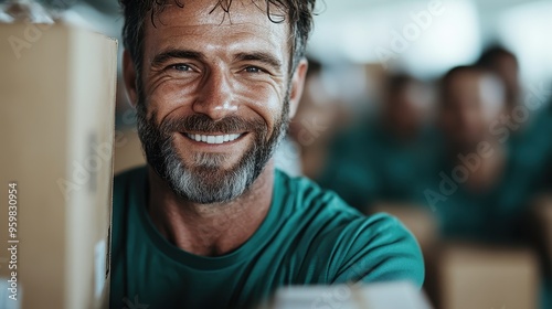 A joyful man with a broad smile holding multiple cardboard boxes, depicting activity and cheerfulness in a dynamic work environment with other people in the background.