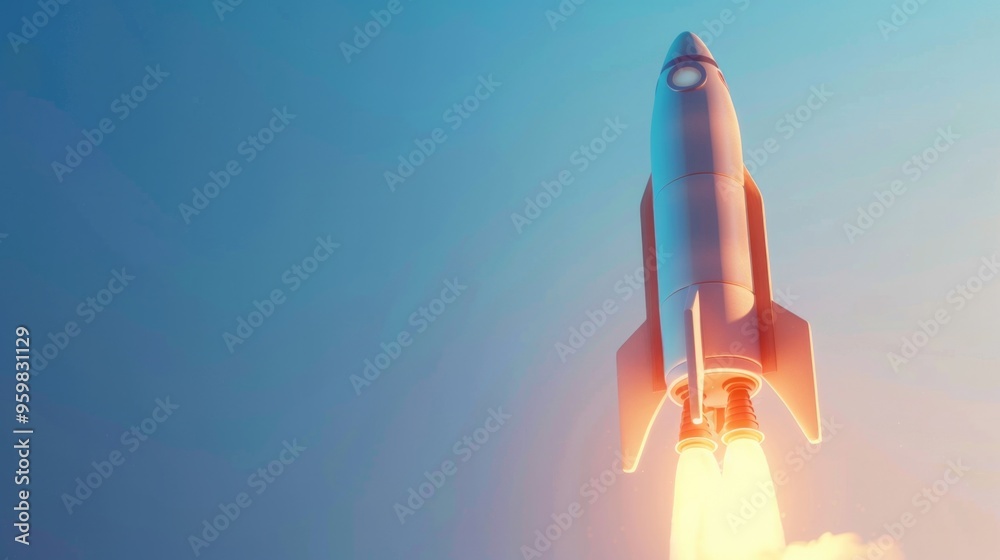Detailed 3D illustration of a sleek rocket against a gradient blue backdrop capturing space exploration excitement. Detailed 3D illustration of a sleek rocket against a gradient blue backdrop capturing space exploration excitement.