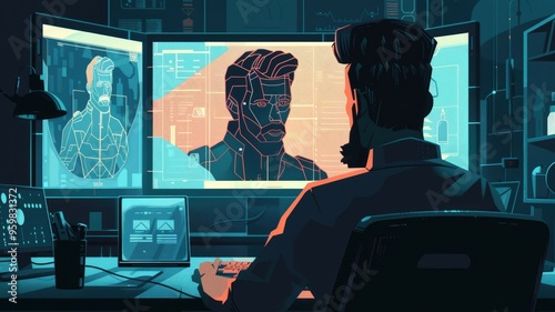 A game developer designs a character, with an AI muse offering suggestions for features and backstories. The creative workspace is filled with concept art and digital tools, highlighting the photo