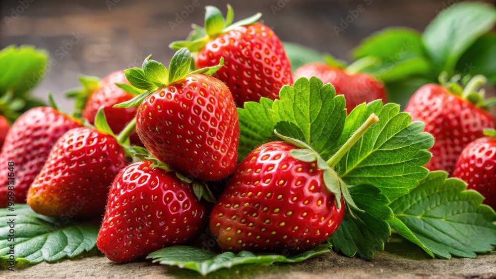 Close-up of ripe red strawberries with lush green leaves against a neutral background Close-up of ripe red strawberries with lush green leaves against a neutral background