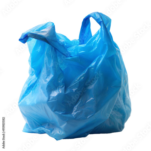 Blue Crumpled Plastic Shopping Bag cut out. isolated on transparent background. Copy space.