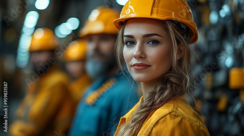 Confident Female Engineer: A close-up portrait of a determined female engineer wearing a yellow hard hat and safety gear, standing confidently in a industrial setting. She represents the skilled workf