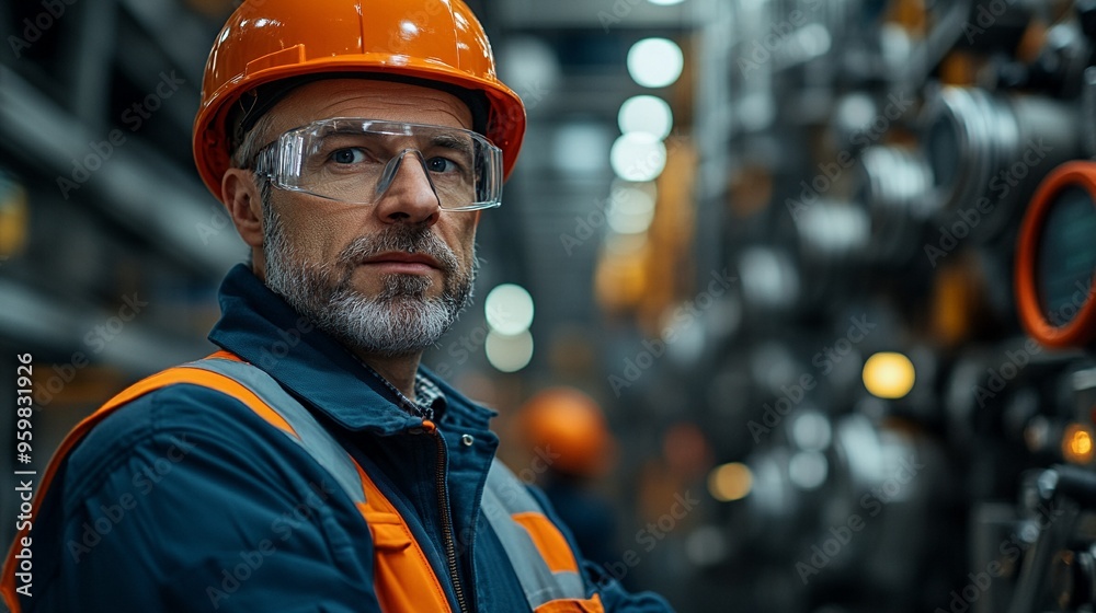 Industrial Strength: A focused and determined industrial worker, clad in safety gear, stands amidst the intricate machinery of a factory, his eyes reflecting the intensity of his dedication to the ta Industrial Strength: A focused and determined industrial worker, clad in safety gear, stands amidst the intricate machinery of a factory, his eyes reflecting the intensity of his dedication to the ta