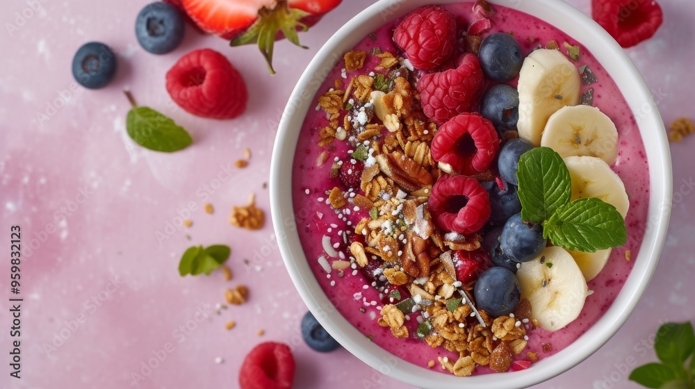 A delightful smoothie bowl topped with fresh raspberries, blueberries, strawberries, banana slices, and crunchy granola. Garnished with mint leaves for a refreshing and nutritious breakfast option.