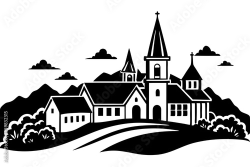 Village with church. Continuous one line art drawing style. Landscape of small country. Black linear sketch isolated on white background. Vector illustration