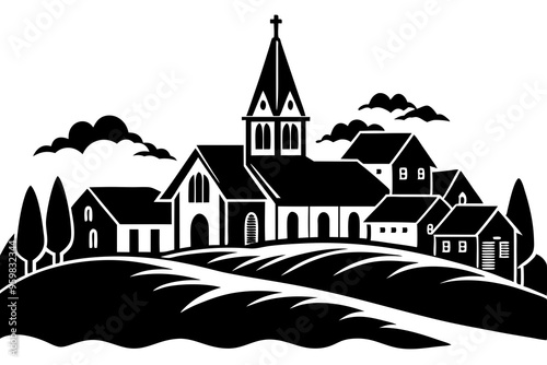 Village with church. Continuous one line art drawing style. Landscape of small country. Black linear sketch isolated on white background. Vector illustration