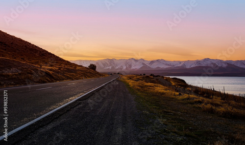 The road way  travel with mountain landscape view of sunset sky  scene background over Aoraki mount cook national park,New zealand