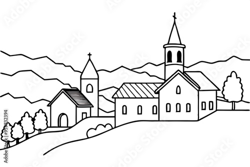 Village with church. Continuous one line art drawing style. Landscape of small country. Black linear sketch isolated on white background. Vector illustration