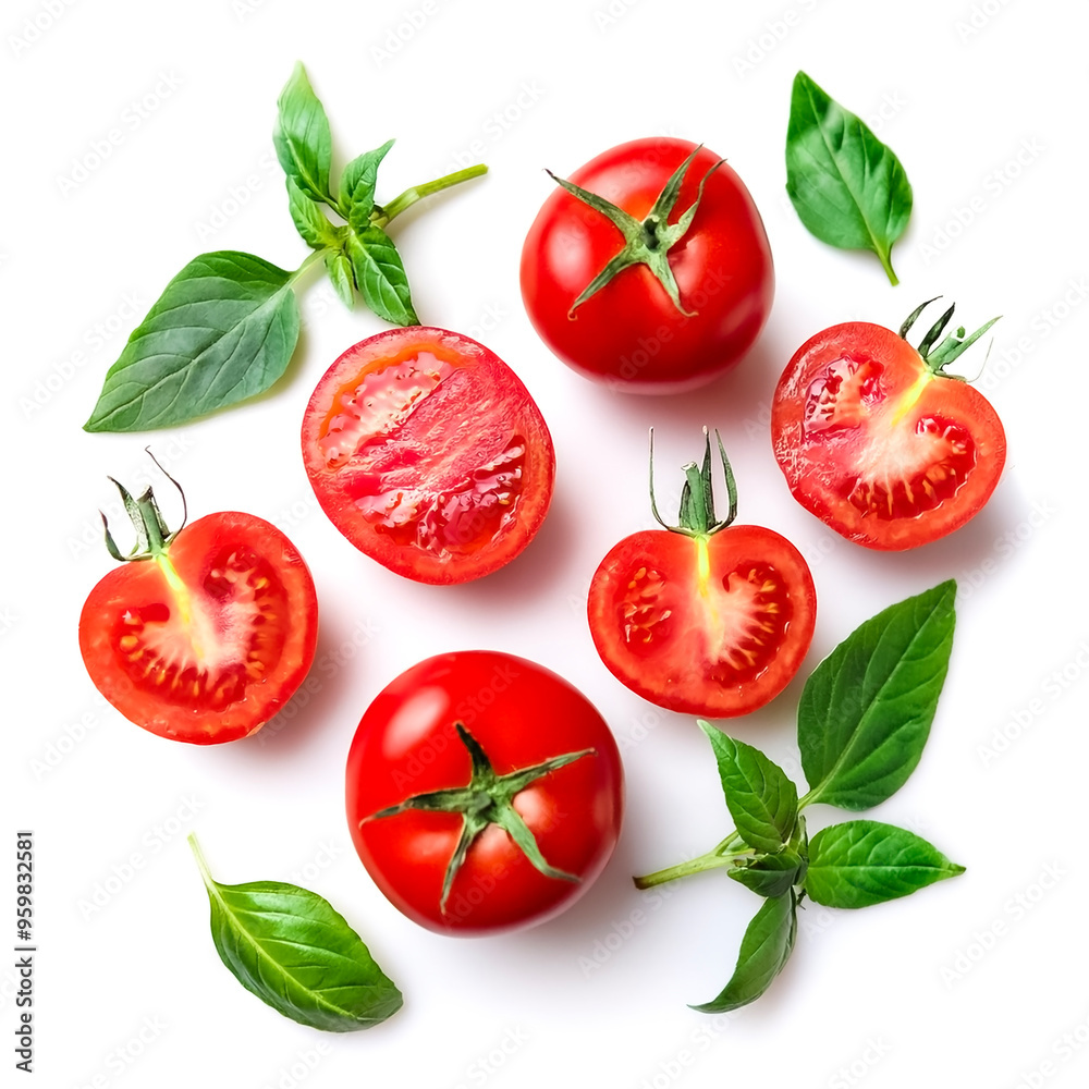 Fresh red tomatoes with slices and green leaves isolated on white background Fresh red tomatoes with slices and green leaves isolated on white background