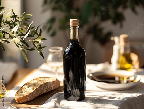 A bottle of balsamic vinegar on a table with bread and olive oil.
