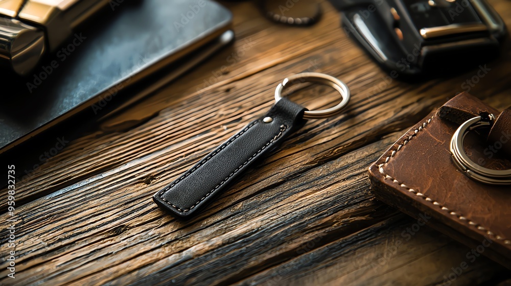 Black leather keychain with silver ring on wooden background