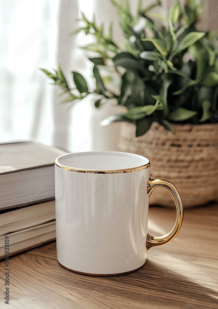 mockup of a blank white ceramic mug with a gold rim, on a wooden table with a stack of books and a potted plant, mockup of a blank white ceramic mug with a gold rim, on a wooden table with a stack of books and a potted plant,