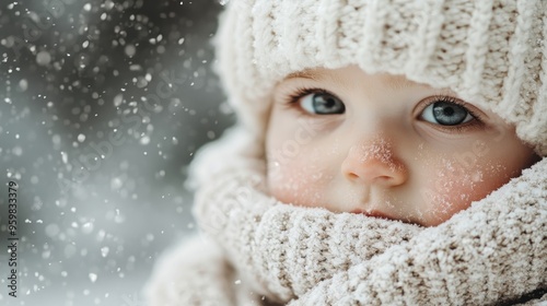 A baby with big blue eyes is bundled up in a knitted woolen hat and scarf, capturing the essence of winter as snow falls gently around, highlighting the child's innocence and wonder.