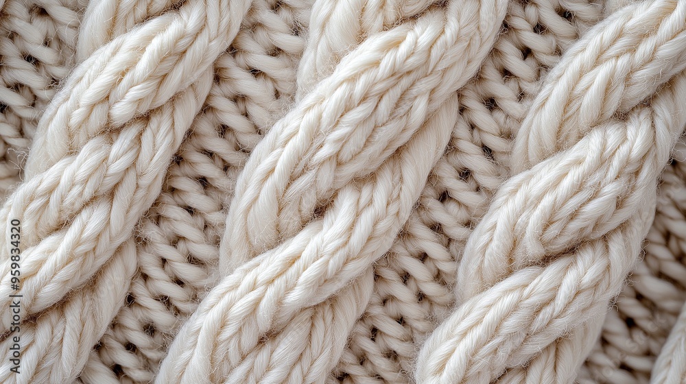 Close-up of detailed braided knit texture in cream-colored yarn. Close-up of detailed braided knit texture in cream-colored yarn.