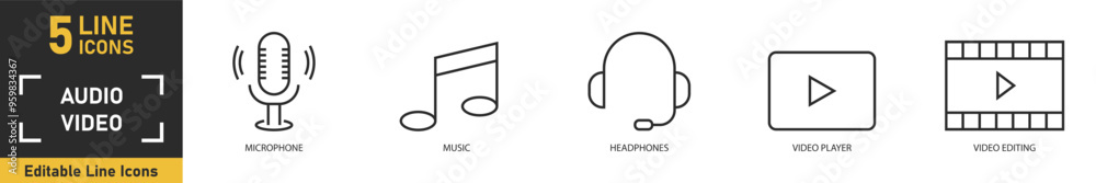 Audio Video line icon set. Set of 5 outline icons related to microphone, music, headphones, video player, video editing and more. Vector illustration. Audio Video line icon set. Set of 5 outline icons related to microphone, music, headphones, video player, video editing and more. Vector illustration.