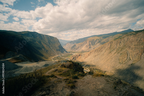 View of the Katu Yaryk pass in Altai Republic, Russia. Altai mountains. Mountain pass Katu-Yaryk. Valley of the mountain river Chulyshman. Mountain dangerous photo