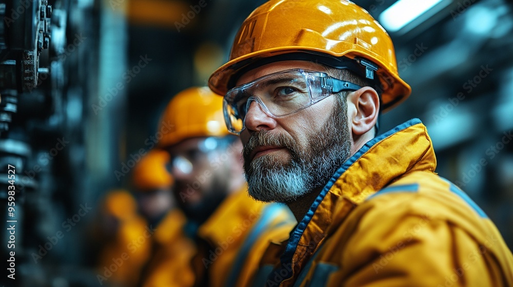 Industrial Resolve: A seasoned engineer in safety gear keeps a watchful eye on operations, his weathered face reflecting expertise and determination in the heart of an industrial plant. Industrial Resolve: A seasoned engineer in safety gear keeps a watchful eye on operations, his weathered face reflecting expertise and determination in the heart of an industrial plant.