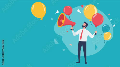 Communication or PR, Public Relations manager to communicate company information and media, announce sales or promotion concept, businessman holding speech bubble balloons while talking on megaphone.
