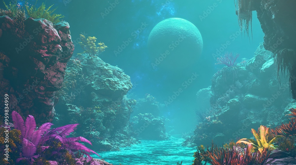 Fototapeta premium A vibrant underwater scene with colorful corals and a glowing planet in the background.