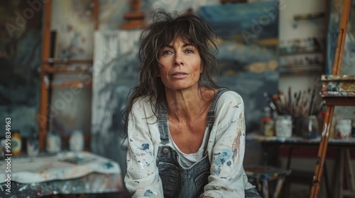 Wallpaper Mural A woman with long hair is sitting in a room with paintings on the walls Torontodigital.ca