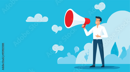 Communication or PR, Public Relations manager to communicate company information and media, announce sales or promotion concept, businessman holding speech bubble balloons while talking on megaphone.
