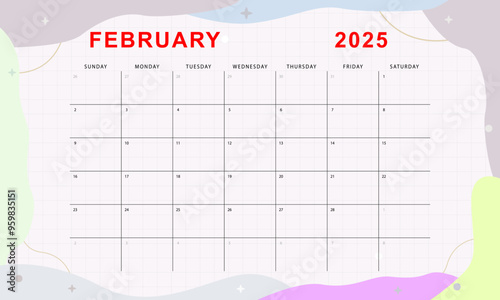 February 2025 monthly planner. Cute calendar template. Sunday start. Vector design