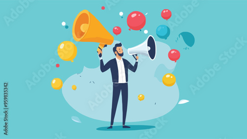 Communication or PR, Public Relations manager to communicate company information and media, announce sales or promotion concept, businessman holding speech bubble balloons while talking on megaphone.