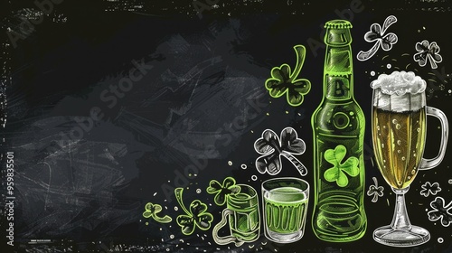 Green shamrock with a pint of beer and Irish ale for St. Patrick's Day posters and flyers. photo