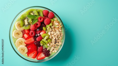 A vibrant smoothie bowl topped with an assortment of fresh fruits like kiwi, banana, strawberries, and raspberries, alongside crunchy granola, set against a bright teal background, perfect for health photo