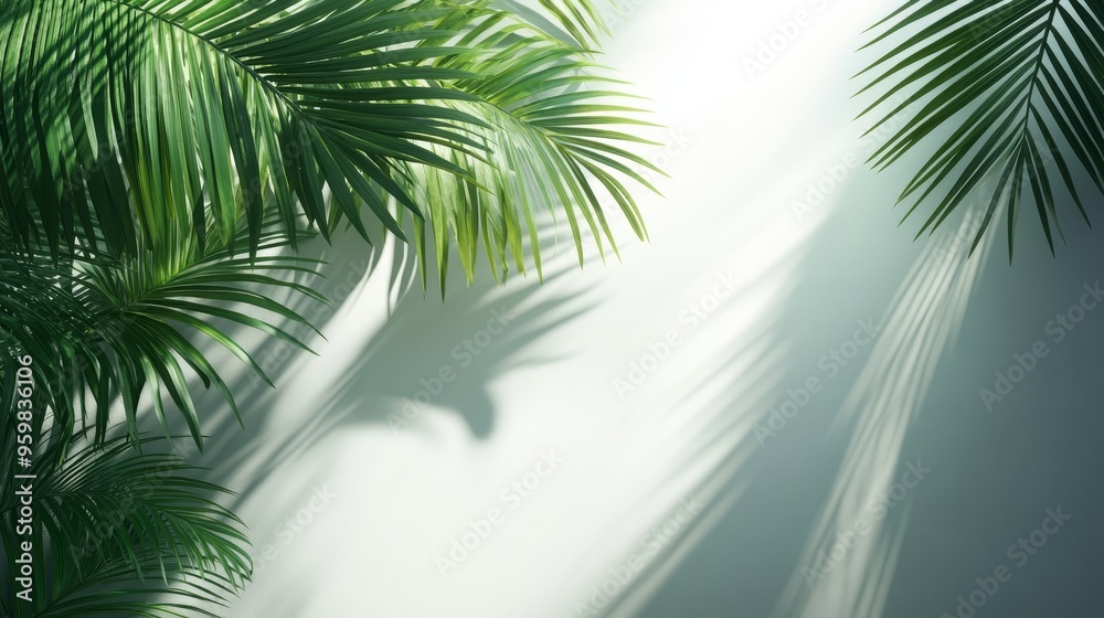 Lush green palm leaves create a serene atmosphere with soft shadows against a bright background, perfect for nature-focused projects. Lush green palm leaves create a serene atmosphere with soft shadows against a bright background, perfect for nature-focused projects.