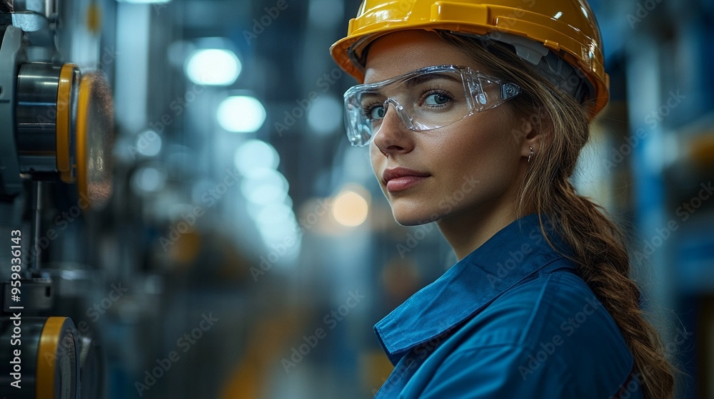 The Determined Engineer: A young female engineer in a hardhat and safety glasses confidently navigates a bustling industrial plant. The Determined Engineer: A young female engineer in a hardhat and safety glasses confidently navigates a bustling industrial plant.