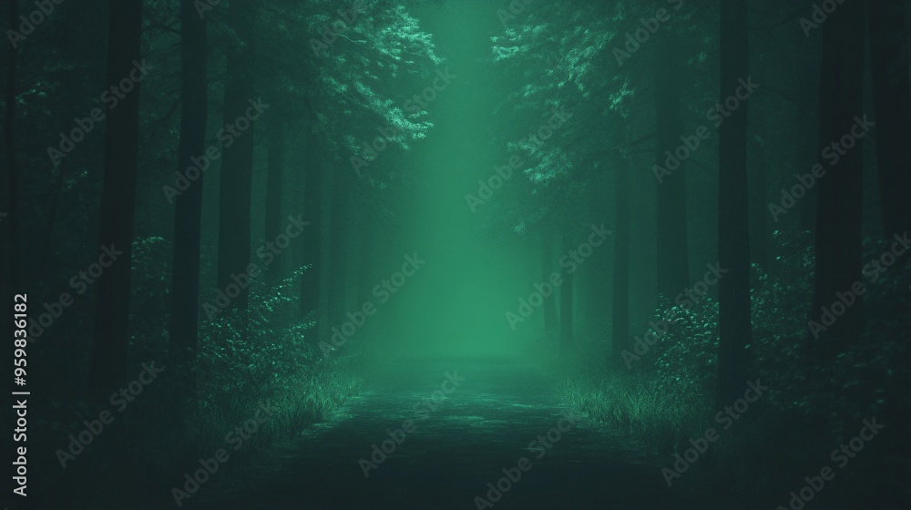 Naklejka premium Mysterious foggy forest with an eerie green glow illuminating the pathway.