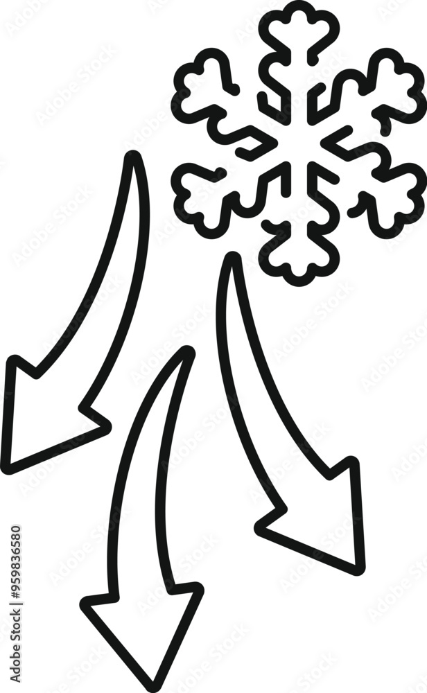 Simple icon of a cooling system, represented by three arrows pointing down to a snowflake, ideal for visualizing temperature decrease Simple icon of a cooling system, represented by three arrows pointing down to a snowflake, ideal for visualizing temperature decrease