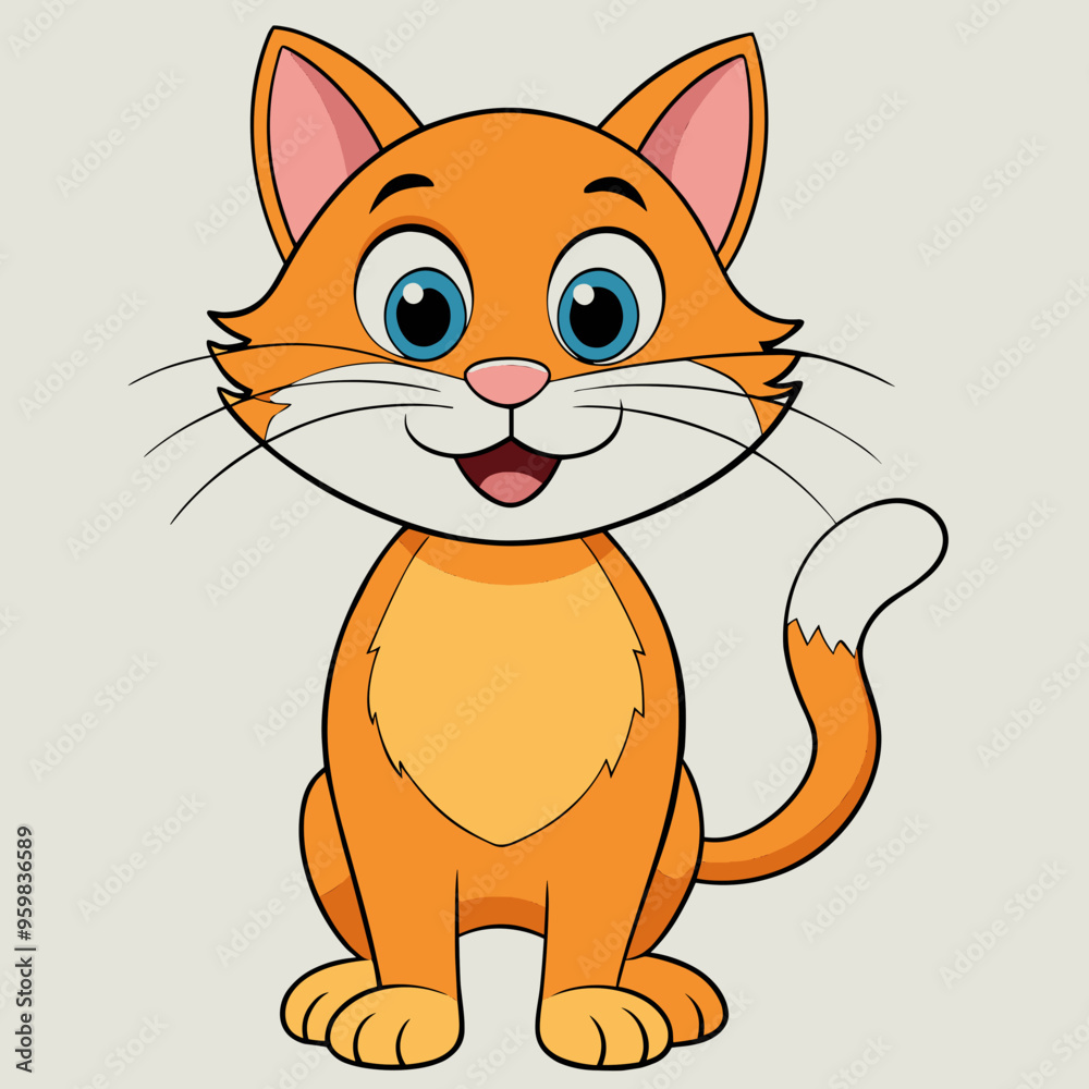 Happy cartoon cat character with a big smile on a light gray background Happy cartoon cat character with a big smile on a light gray background