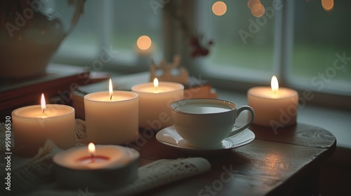 A serene indoor scene featuring several candles and a teacup on a wooden table. The soft, warm light from the candles creates a calming and peaceful atmosphere.