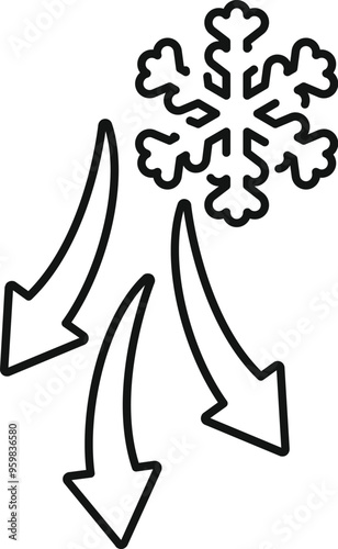 Simple icon of a cooling system, represented by three arrows pointing down to a snowflake, ideal for visualizing temperature decrease