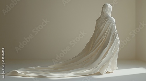 Mysterious figure in a flowing white garment standing in a minimalist room.