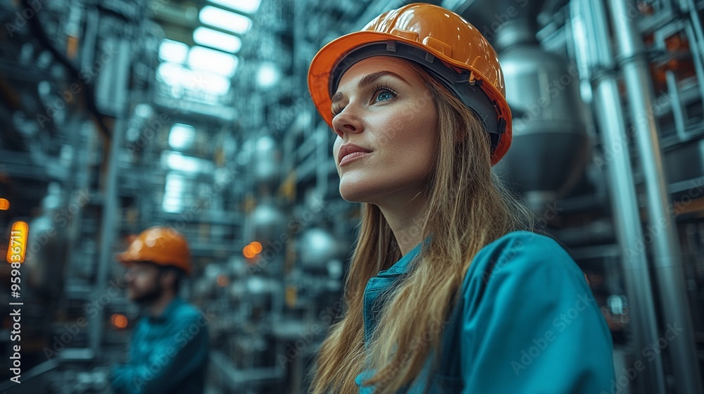 Female Engineer in Industrial Setting: A young woman in a hard hat and blue jumpsuit stands amidst the intricate machinery of a factory, her gaze focused on the task ahead. The image exudes strength, Female Engineer in Industrial Setting: A young woman in a hard hat and blue jumpsuit stands amidst the intricate machinery of a factory, her gaze focused on the task ahead. The image exudes strength,