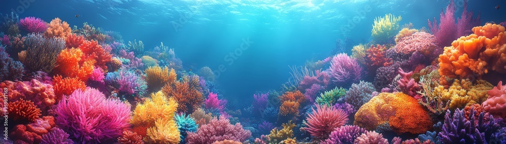 Fototapeta premium Colorful Coral Reef Underwater Scene with Sun Rays
