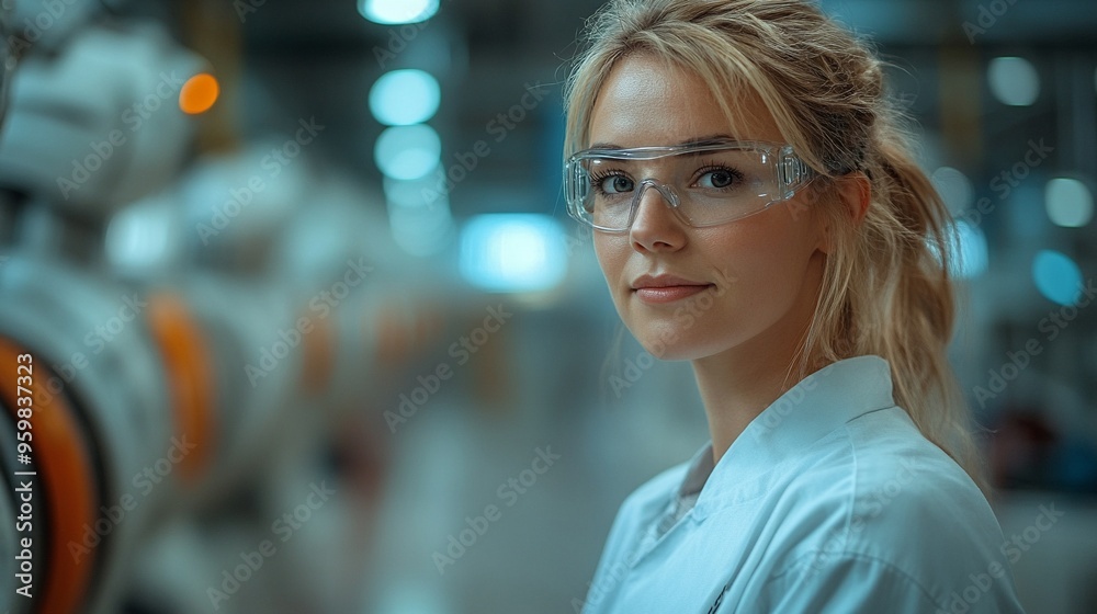 Confident Female Engineer in a High-Tech Lab: A young, determined female engineer stands tall in a modern, high-tech lab, wearing safety goggles and a lab coat. Her confident gaze and the futuristic b Confident Female Engineer in a High-Tech Lab: A young, determined female engineer stands tall in a modern, high-tech lab, wearing safety goggles and a lab coat. Her confident gaze and the futuristic b